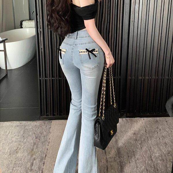SPYB纯欲风少女蝴蝶蕾丝微喇牛仔裤女2025夏季高腰丰臀修身长裤潮