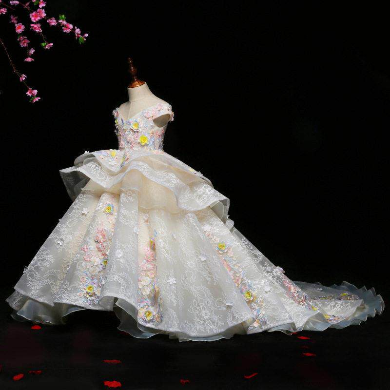女童花仙子公主裙高端钢琴演出服儿童t台模特走秀拖尾晚礼服主持 - 实物图