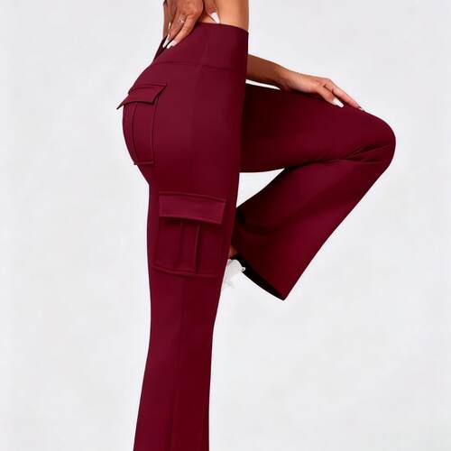 Women Color Workwear Pocket Waist Flare Pants Comfortable