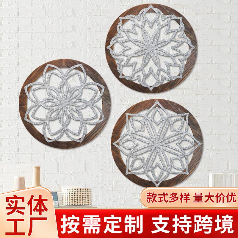北欧风ins复古木质墙壁饰圆形装饰画手工悬挂雕花做旧壁挂装饰品