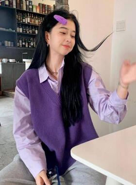 毛衣背心女性容易匹配的春季服装韩国版2022新紫色V领宽松堆叠针