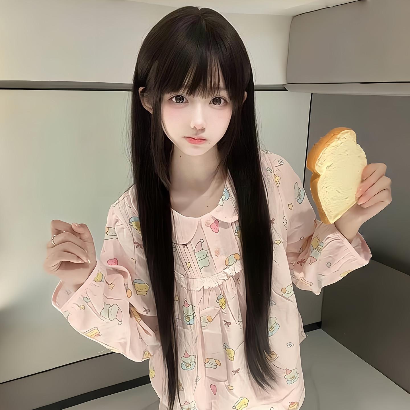 轻丝假发女长发85cm网红lolita长直发自然黑色齐刘海全头套jk少萝