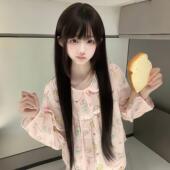 轻丝假发女长发85cm网红lolita长直发自然黑色齐刘海全头套jk少萝