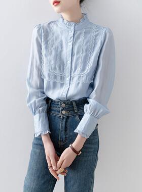 Canary Kiss木耳边蕾丝拼接衬衫女士春季宽松翻领设计感小众衬衣