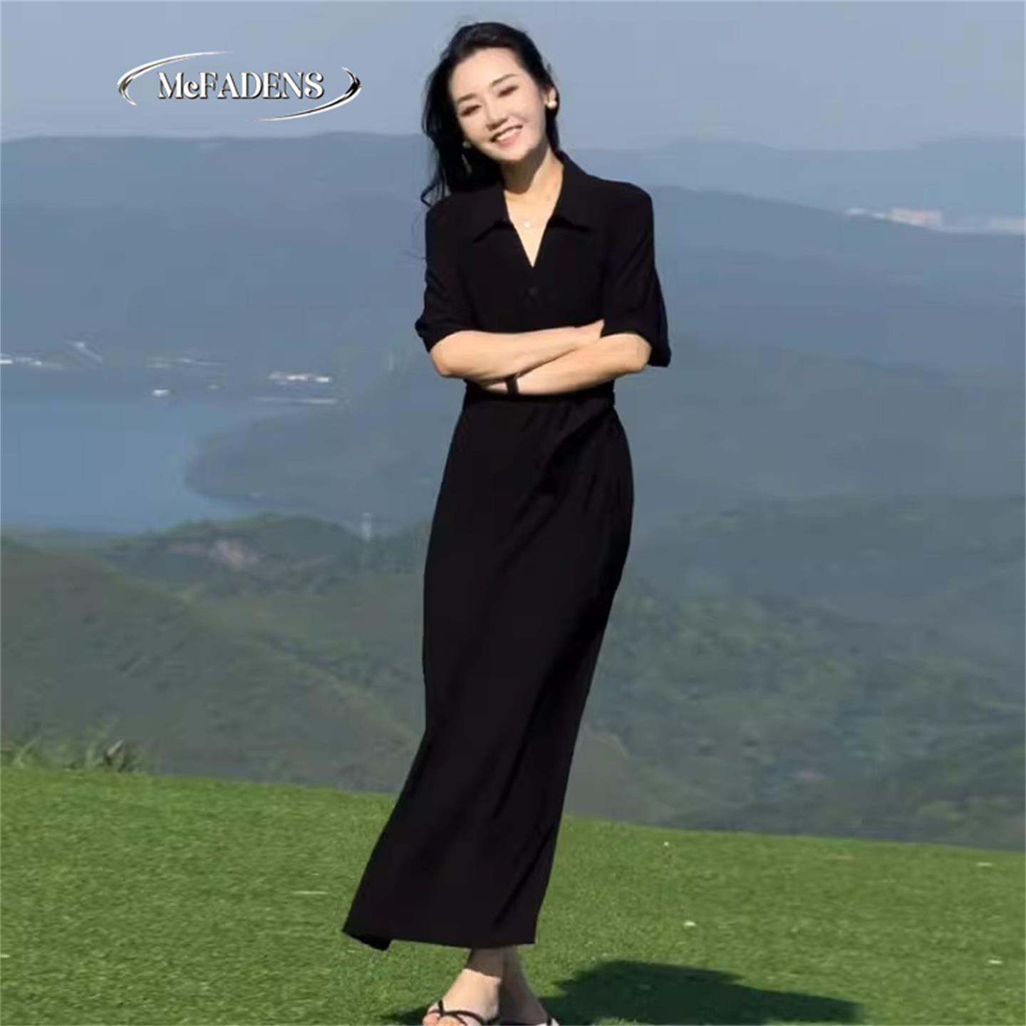 香港高级感赫本风气质洋装夏新款时尚宽松收腰显瘦短袖黑色长裙