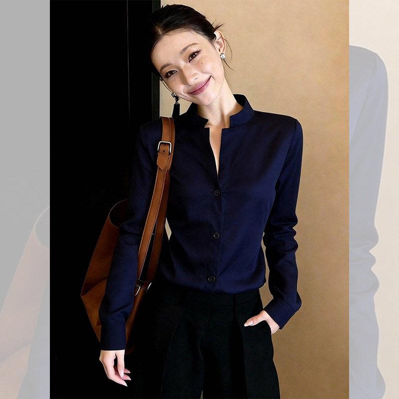 高档轻奢休闲深蓝色衬衫女士春季新款时尚百搭别致洋气巨好看衬衣