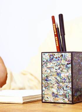 傅碧星国家非物质文化遗产四边镶嵌珍珠母笔笔筒优质乌木实木书房