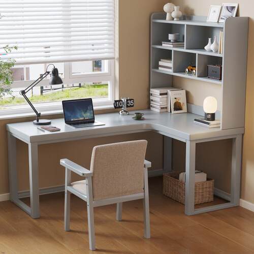 实木转角书桌书架一体现代简约电脑桌L型书房办公桌小户型写字台