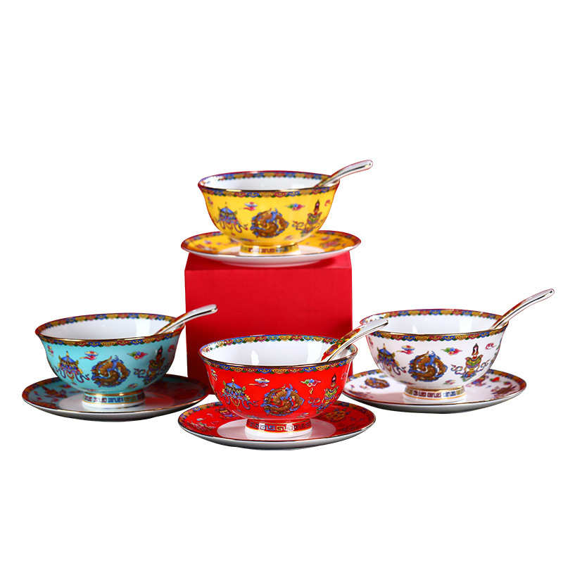 碗碟套装家用珐琅彩酒店碗骨瓷珐琅彩餐具轻奢中式碗盘勺组合送礼