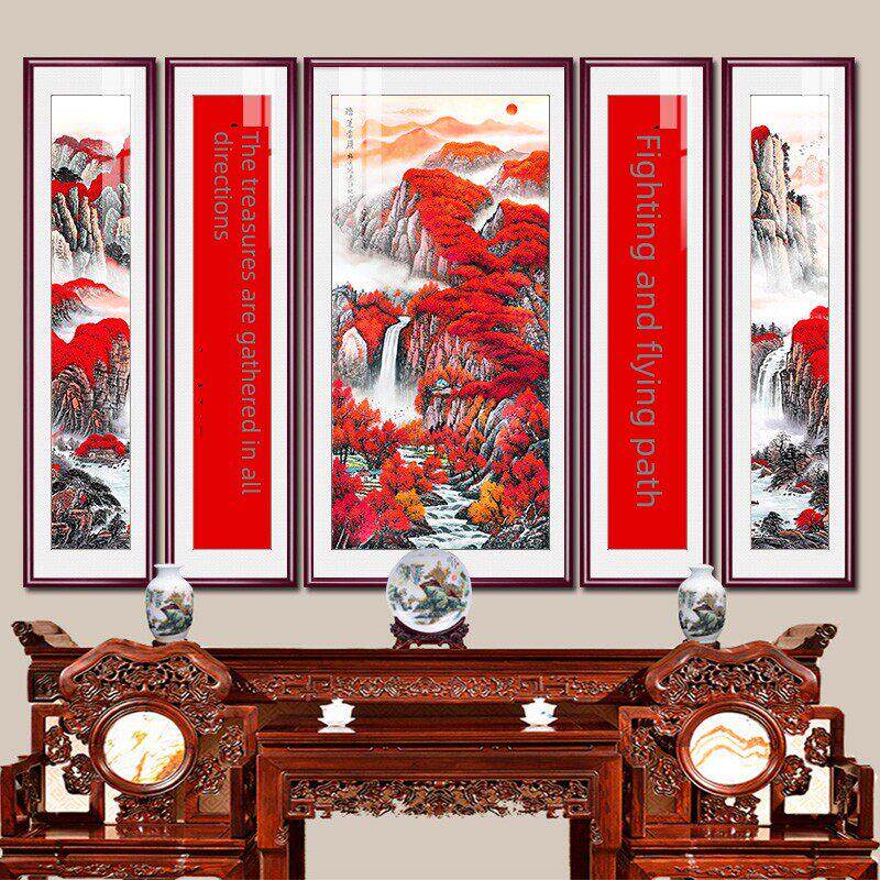 鸿运当头中堂画中式客厅装饰画农村堂屋山水画大气靠山图五联挂画