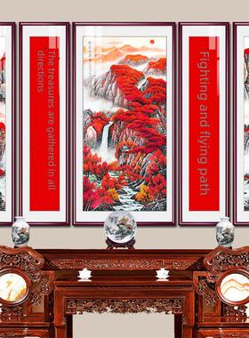 鸿运当头中堂画中式客厅装饰画农村堂屋山水画大气靠山图五联挂画