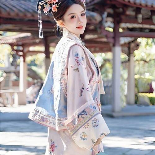 2026新款汉服女清代印花古装清朝延吉公主旗袍宫廷格格服两件套旅