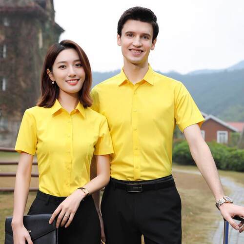 男女职业白领免熨烫黄色衬衫短袖装饰公司工作服定制长袖衬衫绣lo