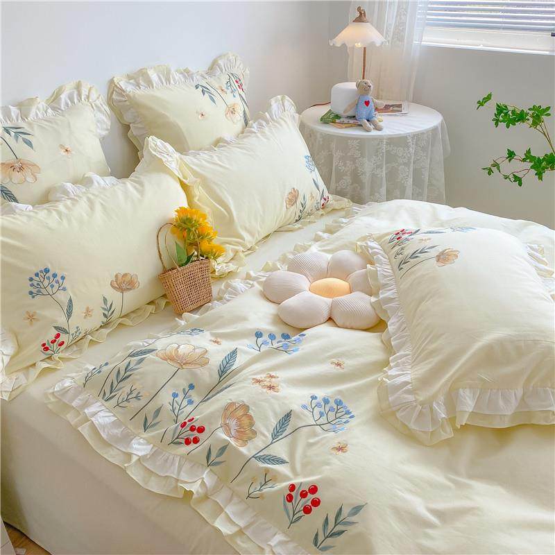 高档小清新100s纯棉四件套水洗0纯棉田园公主格绣花被套纯床棉适