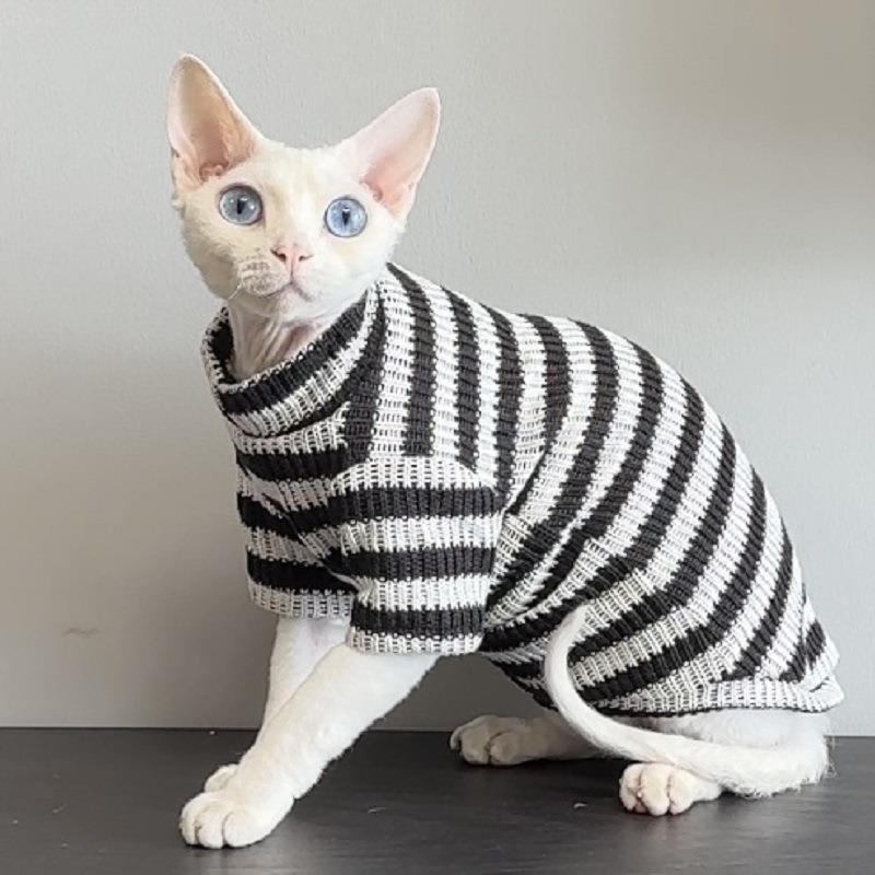 秋冬新款保暖条纹衫无毛猫衣服德文宠物猫打底衫针织毛衣