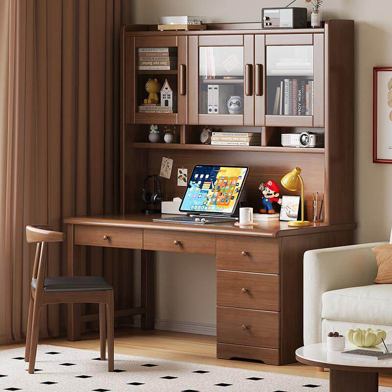 实木书桌书架一体家用办公桌书房客厅学习桌卧室小户型学生电脑桌