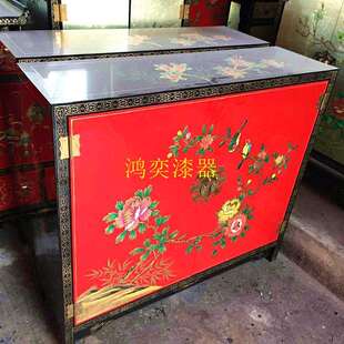 推光漆器玄关柜实木手工彩绘新中式古典漆画做旧装饰柜子客厅家具
