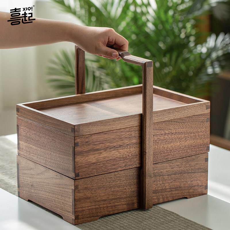 黑胡桃实木多层手提盒 新中式食盒茶空间茶盒干果茶点茶具收纳盒