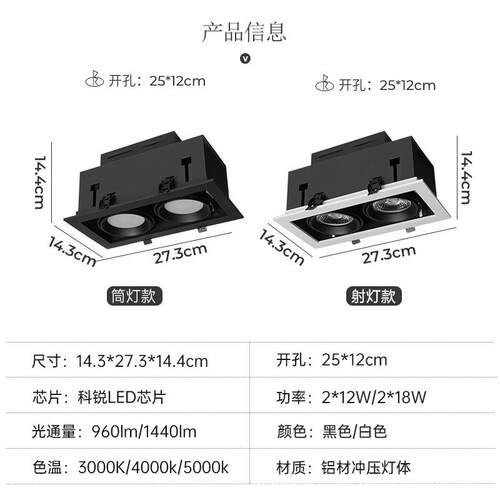 斗胆灯led射灯嵌入式筒灯长方形双头格栅照明豆胆天花灯全光谱