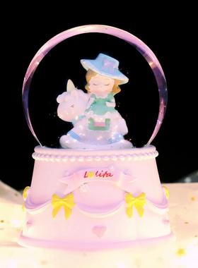 游园公主创意水晶球旋转飘雪花发光彩灯女生卧室桌面装饰水球摆件