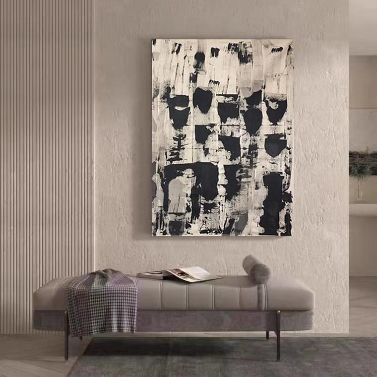 一泺现代简约手绘油画客厅侘寂风黑白装饰画玄关立体肌理抽象挂画图片