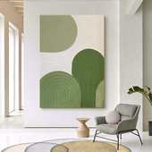 纯手绘玄关抽象绿色厚肌理油画轻奢客厅竖版 饰挂画 高级感无框装