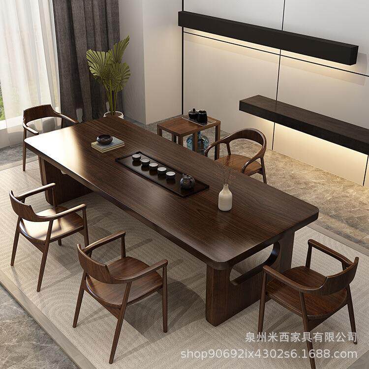 新中式实木茶桌实木办公室大板泡茶桌椅组合一桌五椅茶楼茶室茶台