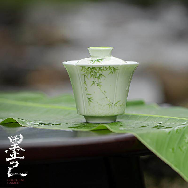 墨己小苍翠手绘竹子陶瓷盖碗功夫茶具家用泡碗清新风格泡茶碗白瓷