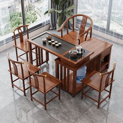 #实木客厅家用办公带抽屉全自动茶桌旋转式茶台阳台小户型移动桌