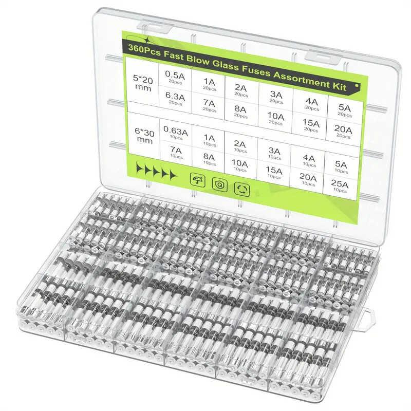360PCS 新款玻璃保险丝6x30mm 0.63A-25A 5×20mm 0.5A-20A保险丝