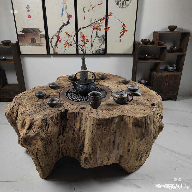 原木小户型炭盆树墩桌火锅庭院阳台户型烧烤茶桌实木煮茶小户根雕
