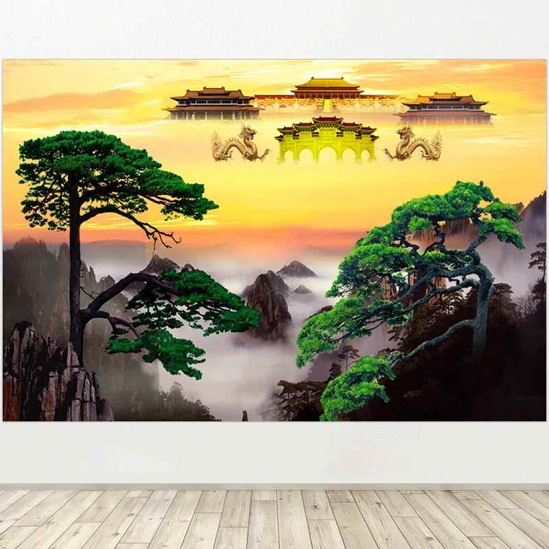 南天门天庭天宫佛堂背景画紫气东来百财镇宅迎客松风水画自粘贴画