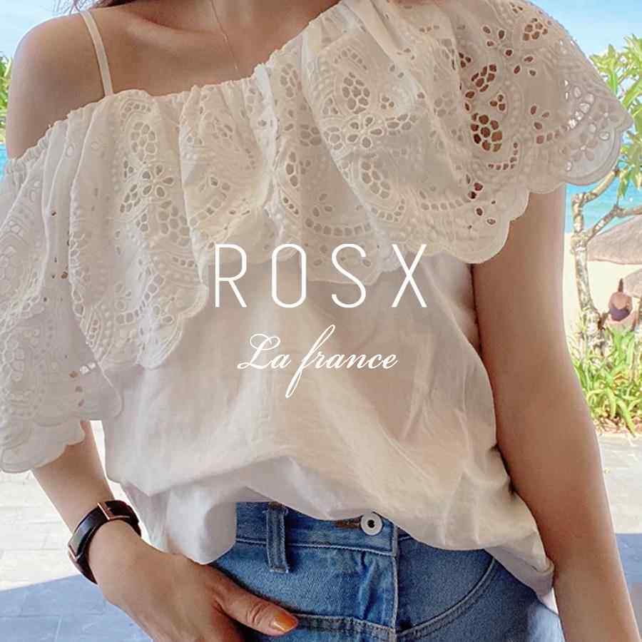 ROSX法式白色蕾丝镂空荷叶边一字肩衬衫女夏季气质风斜肩短款上衣