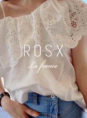 ROSX法式白色蕾丝镂空荷叶边一字肩衬衫女夏季气质风斜肩短款上衣