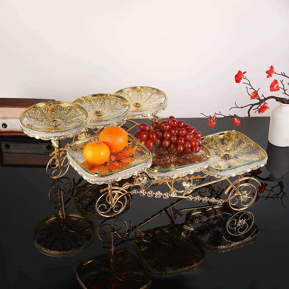 家用三轮车三盘水果盘圆形轻奢客厅茶几摆件欧式精美雕花水果盘