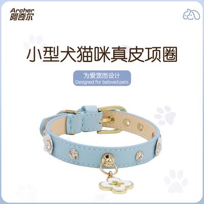 阿奇尔 小花朵奶嘴钉头层牛皮宠物项圈猫狗颈圈