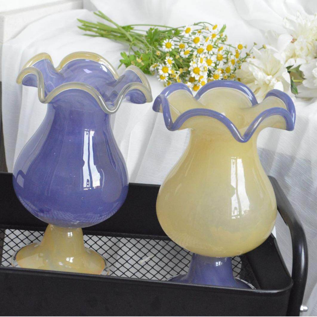 欧式中古柔光奶油黄花撞色花奶油黄紫瓣口培水瓶餐桌客厅家紫居软