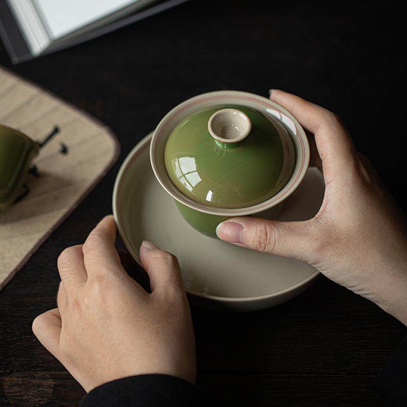 墨己 竹青色陶瓷盖碗 仿古泥双线泡茶盖碗 传统色茶室主泡茶碗