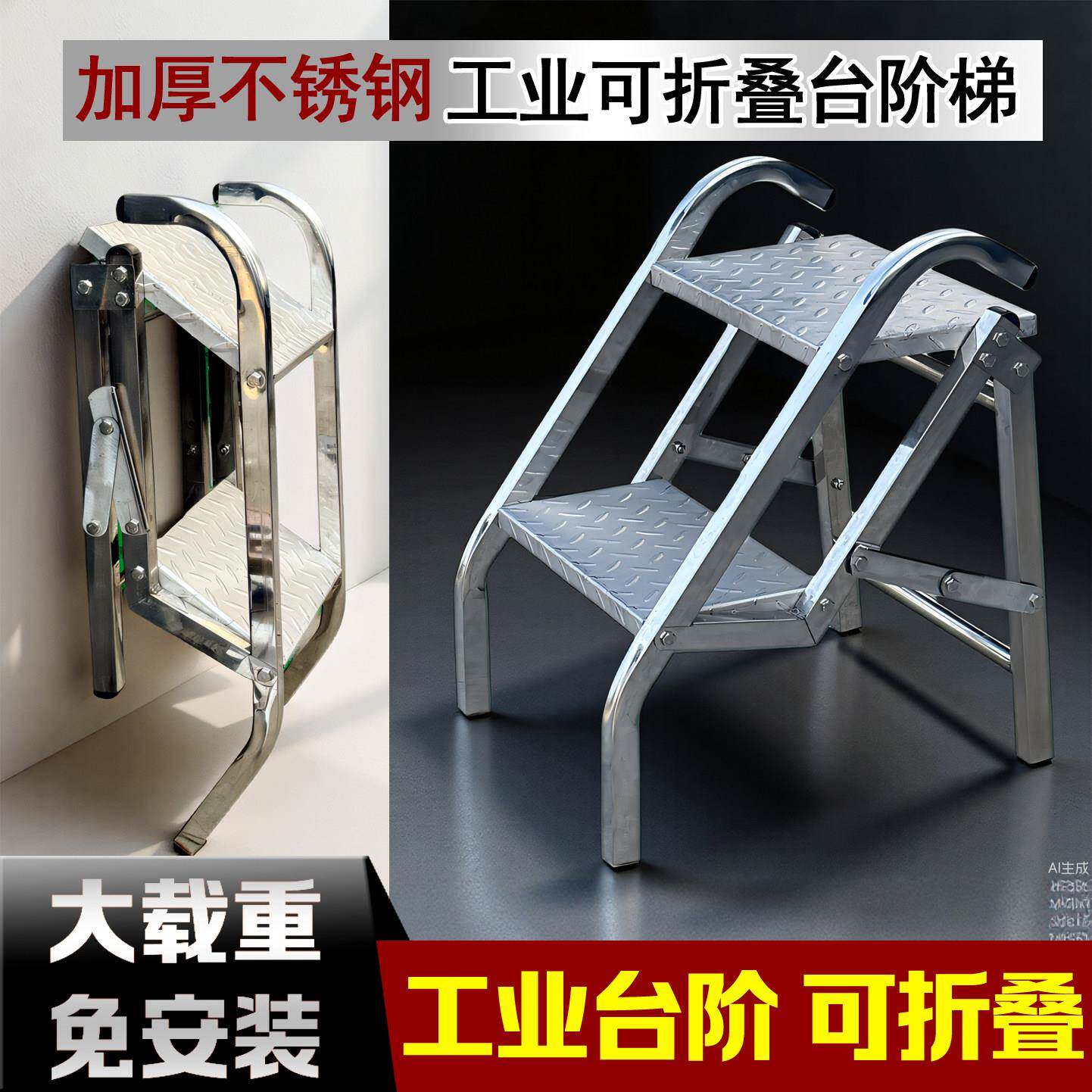 不锈钢折叠梯子工业折叠踏步台阶梯多功能梯子登高楼梯靠墙折叠梯