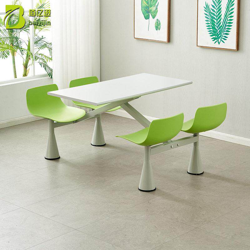 厂家供应学校食堂餐桌椅防火板桌面喇叭腿四人位连体快餐桌椅