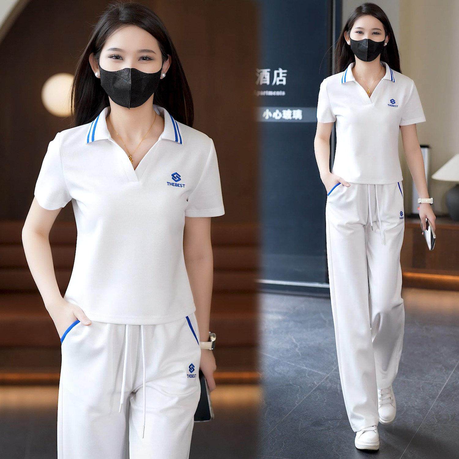 休闲运动服套装女2026夏季薄款新款时尚洋气翻领短袖阔腿裤两件套