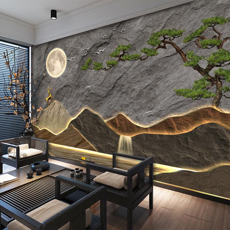 新中式茶室墙纸3D立体假山背景墙壁画客厅迎客松墙布酒店大堂壁纸