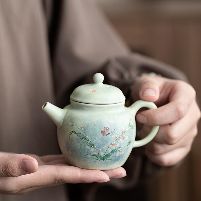 陶瓷茶壶纯手绘水彩风文心兰单壶工夫茶家用陶壶小容量泡茶壶送礼