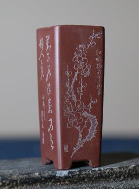 紫砂花盆小签筒千筒微型花盆桌面掌上盆景悬崖盆手工刻绘张可磊