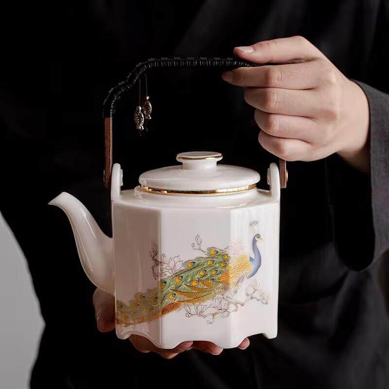 陶瓷茶壶家用大容量羊脂玉提梁壶办公带过滤泡茶壶凉水壶单壶logo