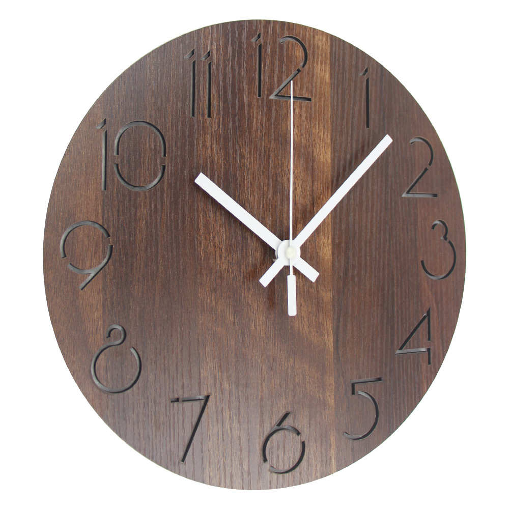 定制欧式复古棕色胡桃木创意客厅挂钟数字木质钟表简约时钟挂表大