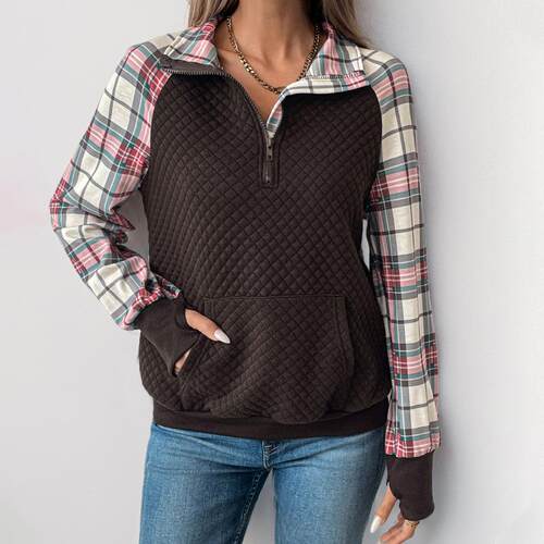 Women's plaid patchwork texture pullover hoodie