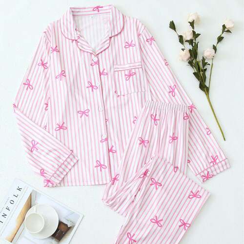 Chic Loungewear Set Women Comfortable Elastic Striped Bow