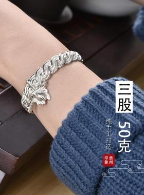 高档纯足银999定制订做扁款麻花古风开口青丝手老式工饰品艺环镯