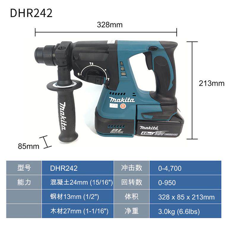 牧田DHR242充电电锤重型18V多功能混凝土钻孔大功率电镐电动工具